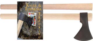 Our "New Reliable" Wax Cast Steel Tomahawk, two tapered hickory handles and Knife & Tomahawk Throwing Book